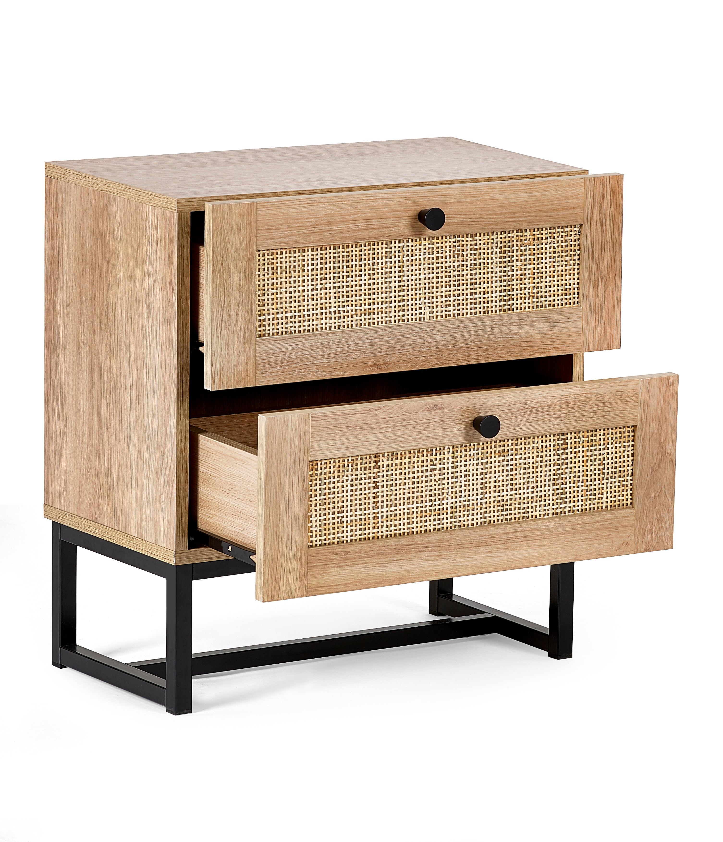 Clermont Oak Wood & Rattan Bedside Table | 2 Drawers